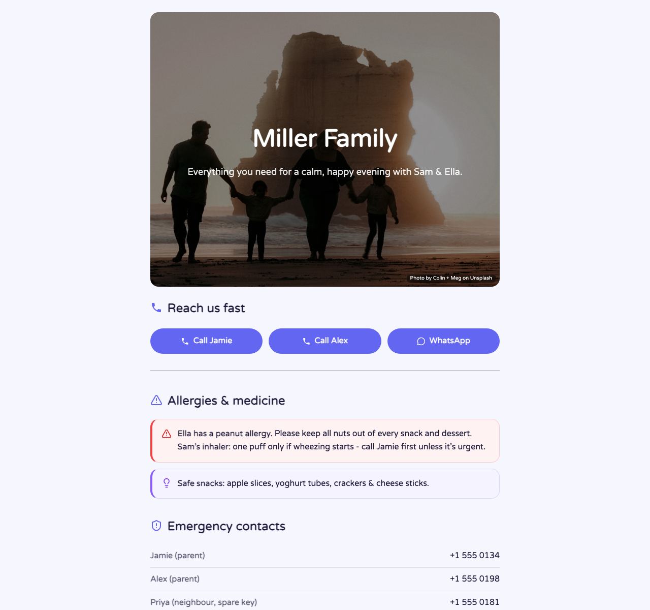 Free Babysitter Info Page - desktop view