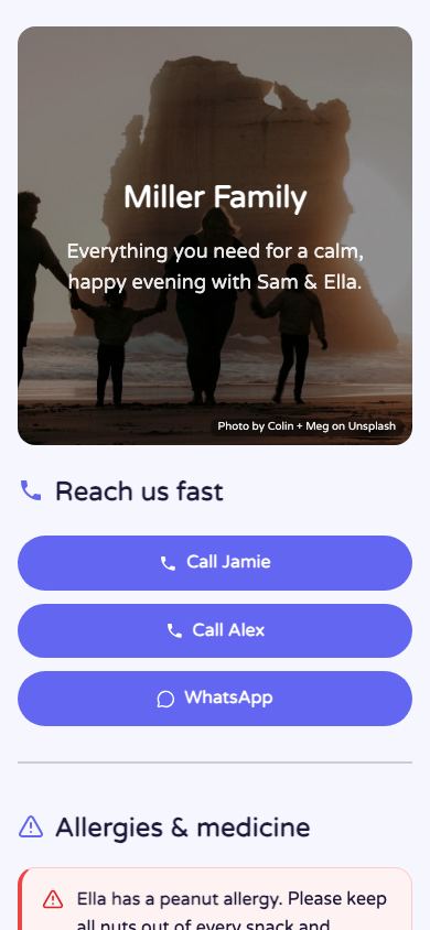 Free Babysitter Info Page - mobile view