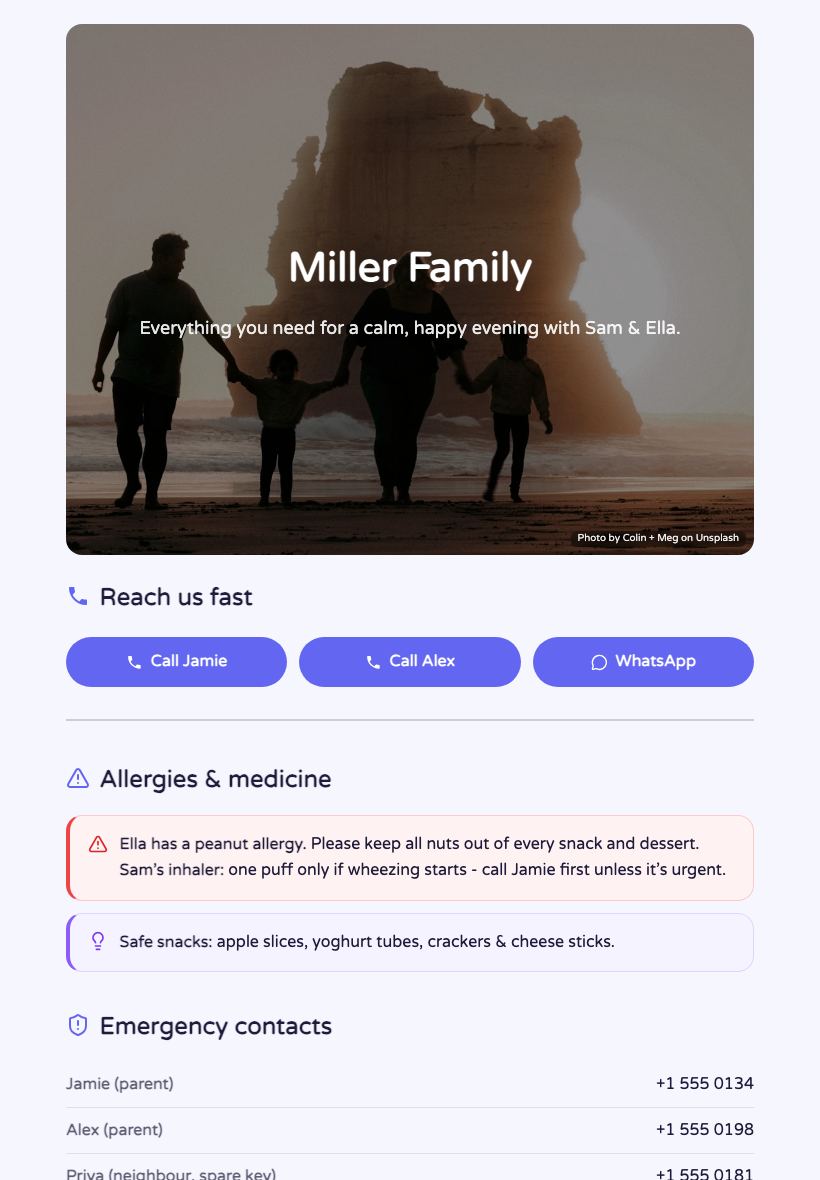 Free Babysitter Info Page - tablet view