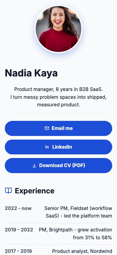 Free Online CV & Resume Page - mobile view