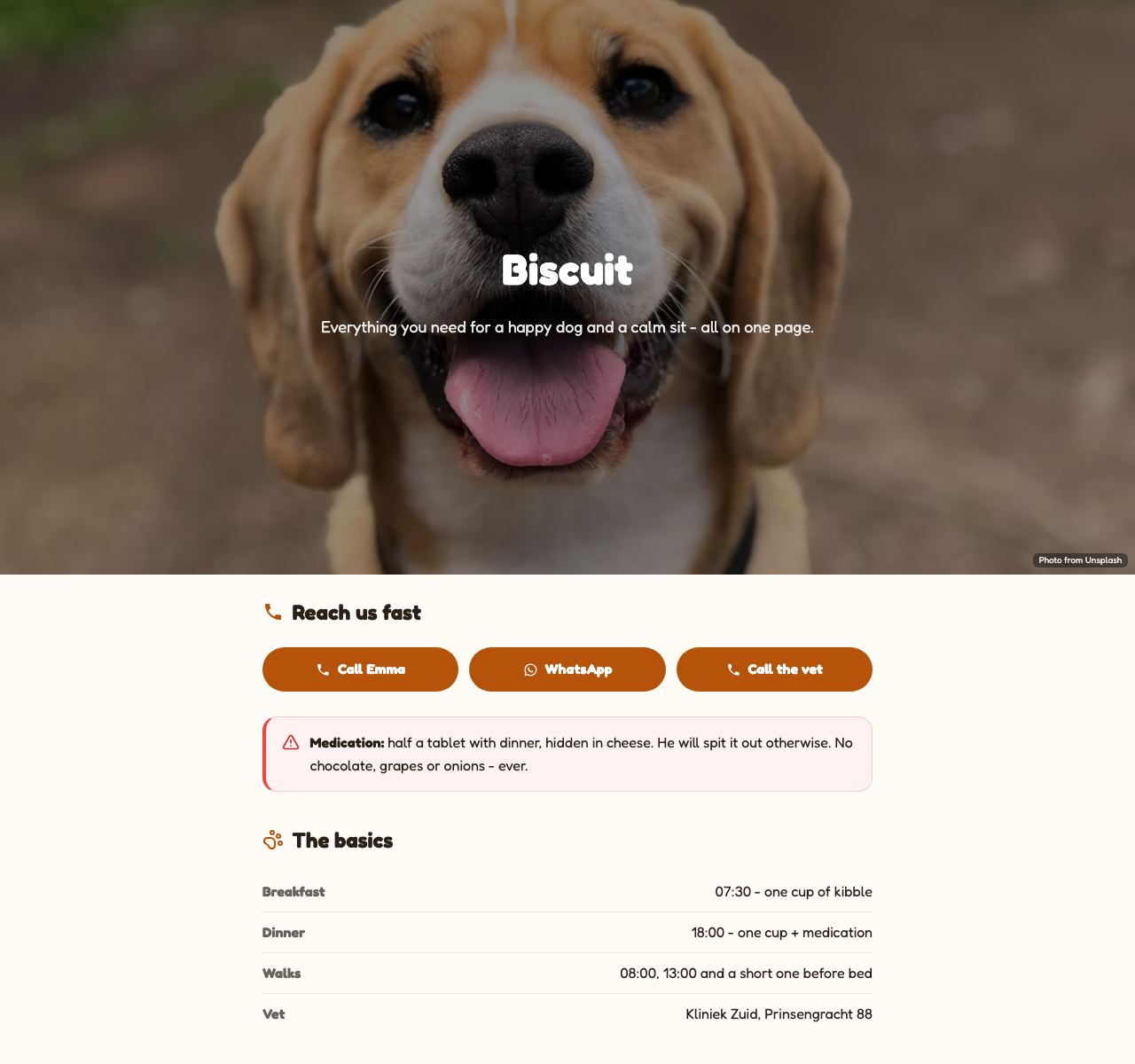Free Pet Sitter Info Page - desktop view