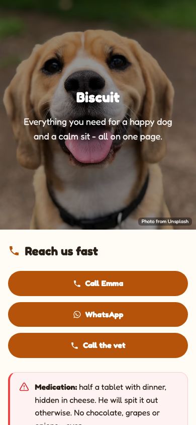 Free Pet Sitter Info Page - mobile view