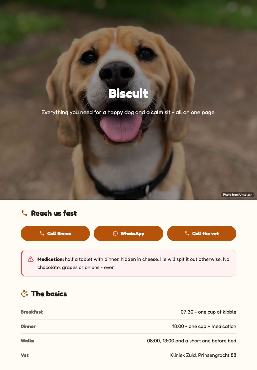 Free Pet Sitter Info Page - tablet view